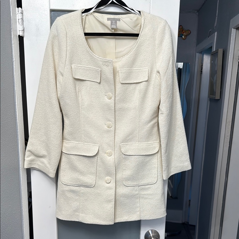 H&M Cream Blazer Linen Blend Collarless Design
